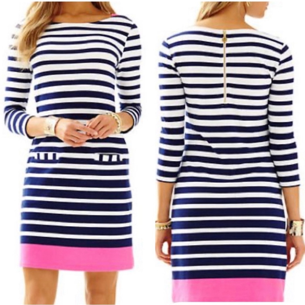 Lilly Pulitzer French Terry Irina Shift Blue White Stripe Dress Medium Coastal
